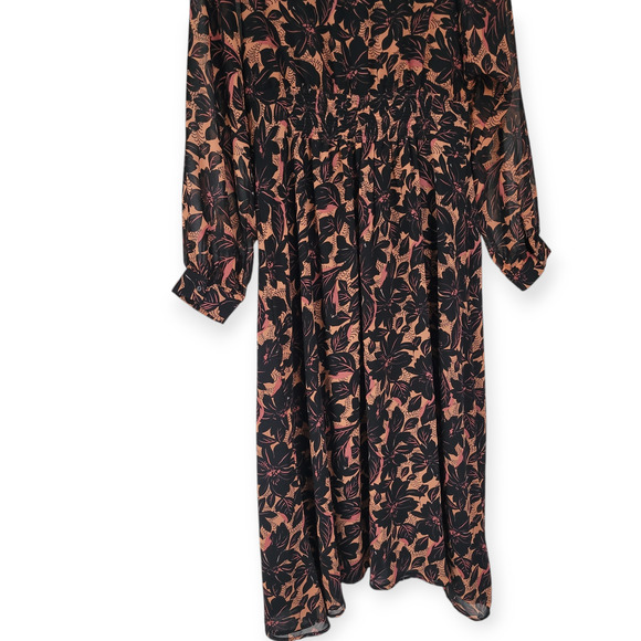 ASTR The Label Floral Smocked V-Neck Long Sleeve Dress Black/Coral Women Sz L - Picture 11 of 16